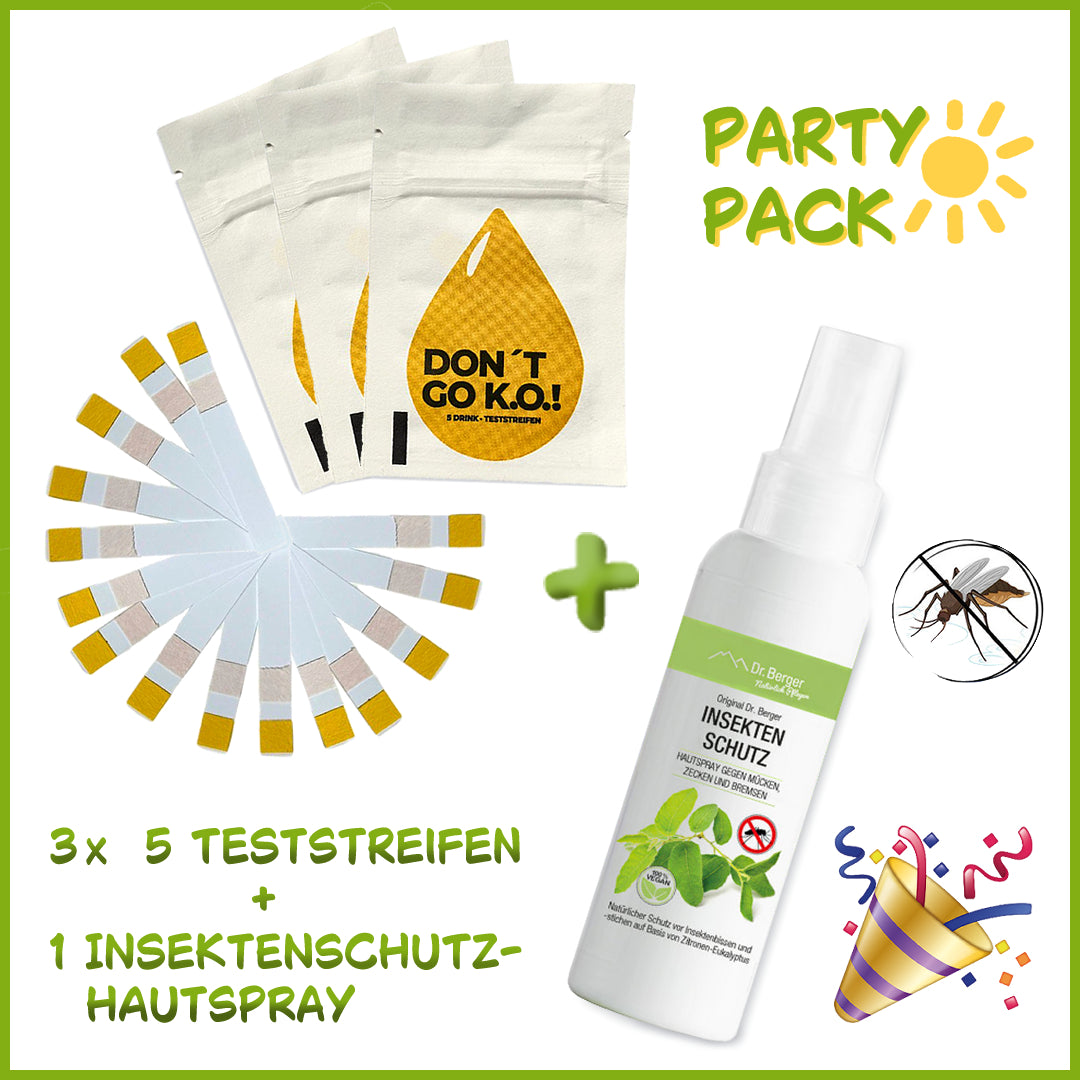 PARTY PACK | 3x 5 Teststreifen "DON'T GO K.O.!" und 1 Original Dr. Berger Insektenschutz-Hautspray