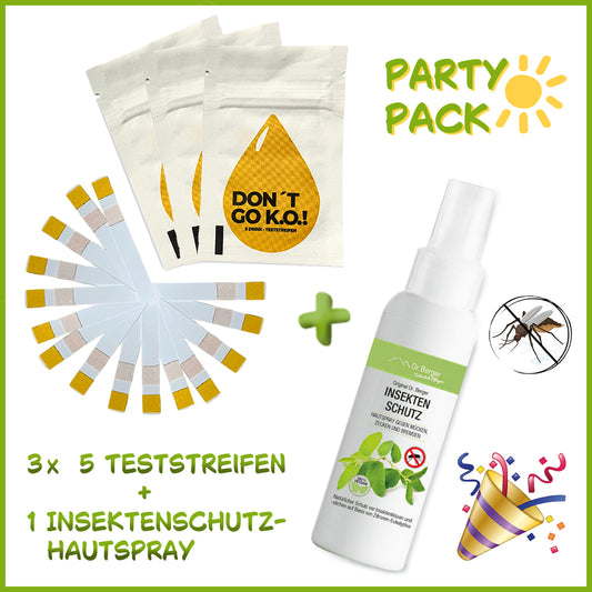 PARTY PACK | 3x 5 Teststreifen "DON'T GO K.O.!" und 1 Original Dr. Berger Insektenschutz-Hautspray