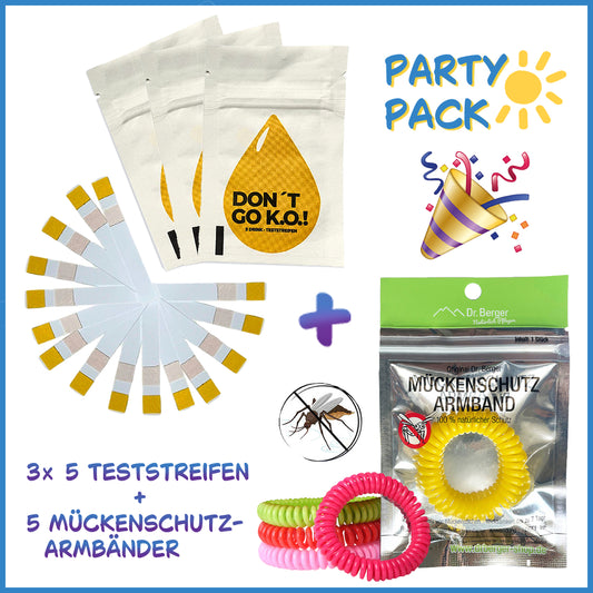 PARTY PACK | 3x 5 Teststreifen "DON'T GO K.O.!" und 5 Original Dr. Berger Mückenschutzarmbänder